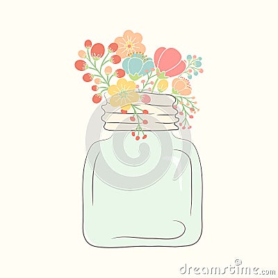 Cute bouquet of wedding flowers in a glass jar Vector Illustration