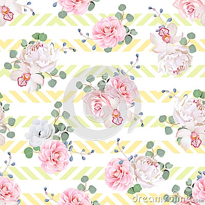 Cute bouquets of rose, peony, camellia, orchid, anemone, camellia, blue berries and eucaliptis leaves Vector Illustration