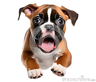 Cute boxer puppy jumping. Playful dog cut out at background Stock Photo