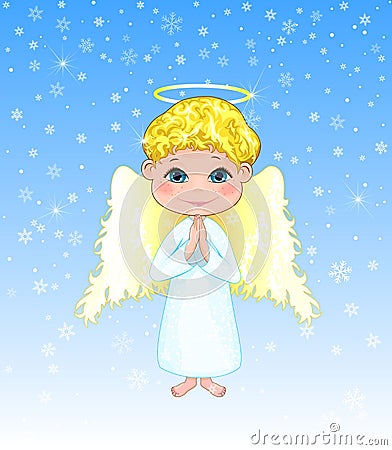 Cute boy angel on a winter background with snowflakes Vector Illustration