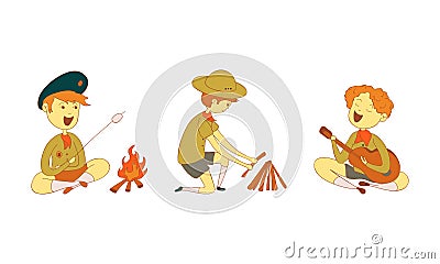 Cute Boy as Junior Scout Making Fire and Playing Guitar at Campsite Vector Set Vector Illustration