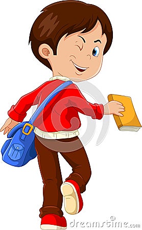 Cute boy with a blue bag and a book in his hands go to school, back view Cartoon Illustration