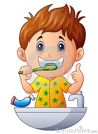Cute boy brushing teeth Vector Illustration