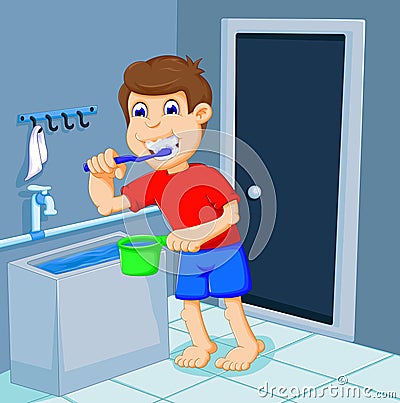 Cute boy cartoon brushing teeth in bath room Stock Photo
