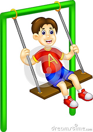 Cute boy cartoon play swing with laughing Cartoon Illustration