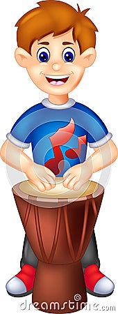 Cute boy cartoon playing drum with smile Cartoon Illustration