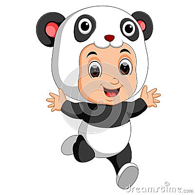 Cute boy cartoon wearing panda costume Vector Illustration