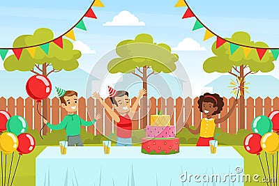 Cute Boy Celebrating Birthday with his Friends Outdoor, Cute Boys and Girl Having Fun and Eating festive Cake on Vector Illustration