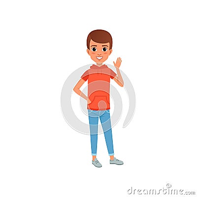 Cute boy character in stylish casual clothing hooded t-shirt with pocket and jeans. Kid posing with smiling face Vector Illustration