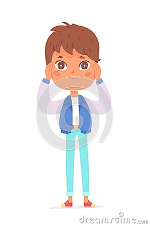 Cute boy covering ears to block out noise so as not to hear evil like wise monkey Vector Illustration