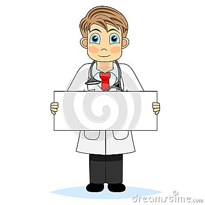 Cute boy doctor holding a blank sign Vector Illustration