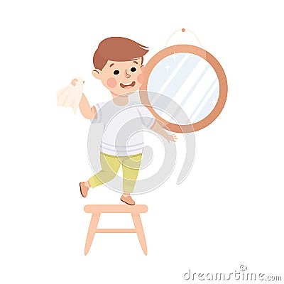 Cute Boy Doing Housework and Housekeeping Standing on Chair Wiping Mirror Vector Illustration Vector Illustration