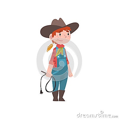 Cute Boy Dressed as Cowboy, Kids Future Profession, Boy in American Traditional Costume with Lasso Vector Illustration Vector Illustration