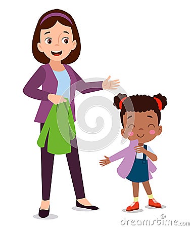 Cute boy dressing up with his mother Vector Illustration