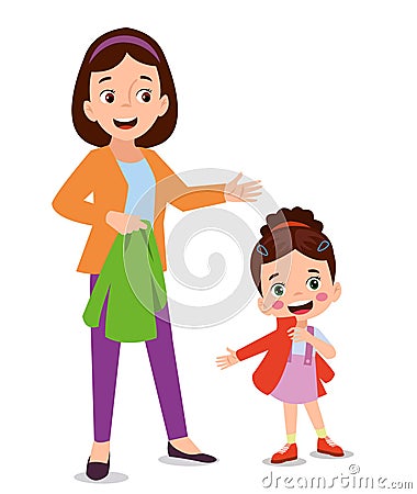 Cute boy dressing up with his mother Vector Illustration