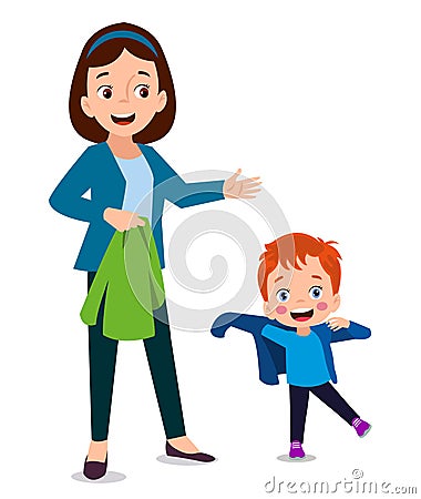 Cute boy dressing up with his mother Vector Illustration