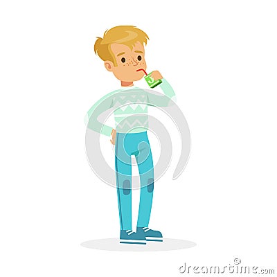 Cute boy drinking juice from a box with a straw, colorful character vector Illustration Vector Illustration