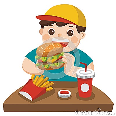 A cute Boy eat hamburger with french fries, and soda. Vector Illustration