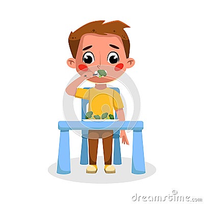 Cute Boy Eating Healthy Food, Good Kids Behavior and Habits Cartoon Style Vector Illustration Vector Illustration