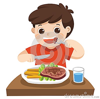 A cute boy is eating steak with vegetables. Vector Illustration