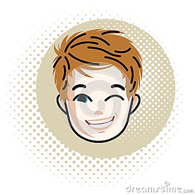 Cute boy face, human head. Vector redhead character winking. Vector Illustration