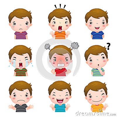 Cute boy faces showing different emotions Vector Illustration