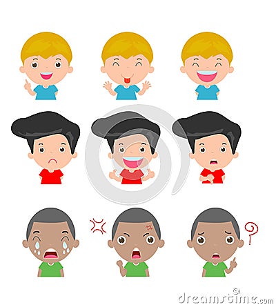 Cute boy faces showing different emotions,Set of children expressions on white background, Expression set of kids,vector Vector Illustration