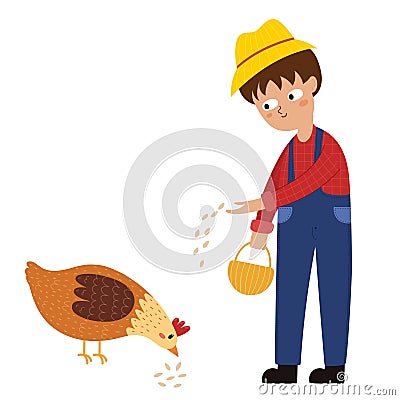 Cute boy feeding a hen. Little farmer and a chicken pecking grain Vector Illustration