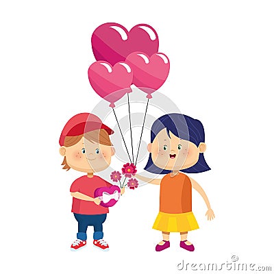 Cute boy with flowers and girl with hearts balloons Vector Illustration