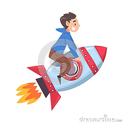 Cute Boy Flying on Space Rocket, Successful Achievements of Child Cartoon Style Vector Illustration Vector Illustration
