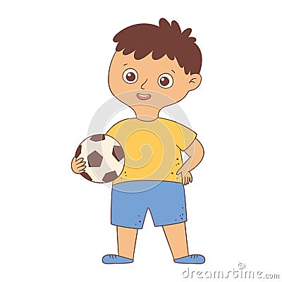 Cute boy footballer standing and holding the ball in his hand. Kid with a soccer ball in flat and cartoon style. Vector Vector Illustration