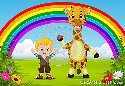 Cute boy and giraffe at park with rainbow scene Vector Illustration