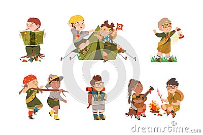 Cute Boy and Girl as Junior Scout Camping at Nature Vector Set Vector Illustration