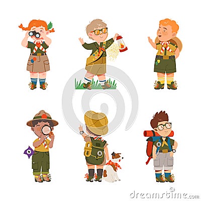 Cute Boy and Girl as Junior Scout Camping at Nature Vector Set Vector Illustration