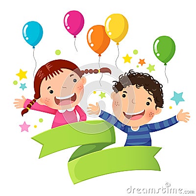 Cute boy and girl with balloon and blank ribbon Vector Illustration