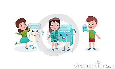 Cute Boy and Girl Characters Playing with Humanized Milk Carton and Glass Vector Illustration Set Vector Illustration