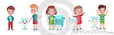 Cute Boy and Girl Characters Playing with Humanized Milk Carton and Glass Vector Set Vector Illustration