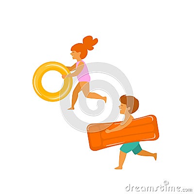 Cute boy and girl, children running on the beach with inflatable floats Vector Illustration