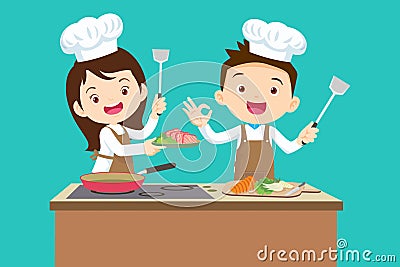 Cute Boy and Girl cooking in the kitchen. happy little chef kids Vector Illustration