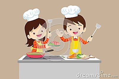 Cute Boy and Girl cooking in the kitchen. happy little chef kids Vector Illustration