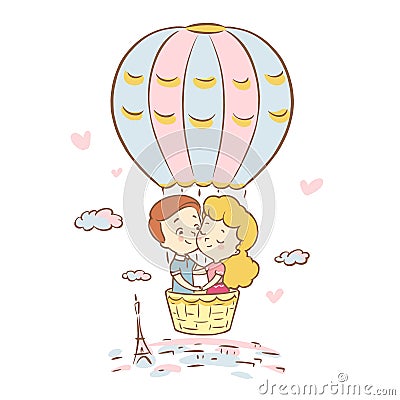 Cute boy and girl fly in a balloon over Paris. Honeymoon trip to france. Valentines Day. Love story. Vector illustration. Stock Photo