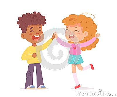 Cute boy and girl giving high five to each other with slap, happy children meeting Vector Illustration