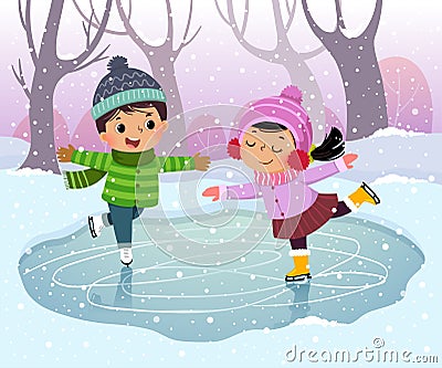 Cute boy and girl kids ice skating in winter snowy landscape Vector Illustration