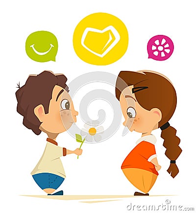 Cute boy and girl in love holding flower Cartoon Illustration