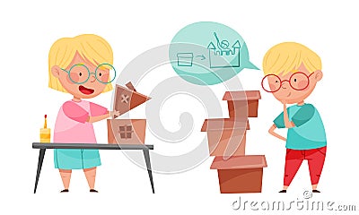 Cute boy and girl making crafts. Children creativity and imagination development cartoon vector illustration Vector Illustration