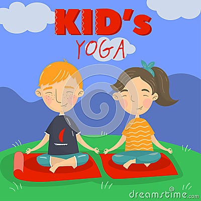 Cute boy and girl sitting on the floor in a lotus position and meditating, kids yoga vector illustration, cartoon style Vector Illustration