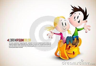 Cute Boy and Girl sitting on School Backpack Vector Illustration