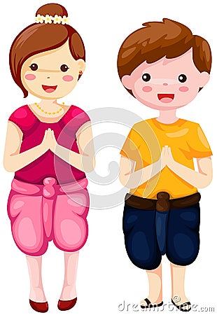 Cute boy and girl in Thai traditional dress greeting Vector Illustration