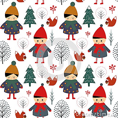 Cute boy and girl walking in winter forest seamless pattern. Vector Illustration