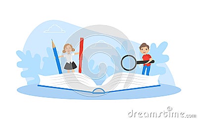 Cute Boy and Girl Writing at Exercise Book, Kids Studying with Huge School Supplies, Back to School Concept Vector Vector Illustration